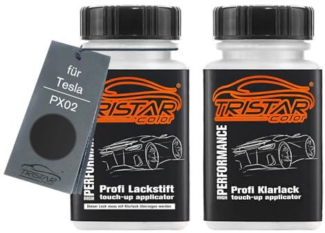 TRISTARcolor Autolack Lackstift für Tesla PX02 Diamond Black Metalli. +1K | Diamond Black Metallic X., Set aus Basislack + Klarlack, Lackfläschchen mit Pinsel, je 50ml