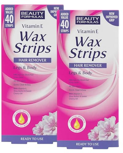 Beauty Formulas Cold Wax Strips 40’s (2-Pack) | Hair Removal for Legs & Body | Vitamin E Shea Butter Formula for Sensitive Skin | Bikini & Body Waxing Strips for Women