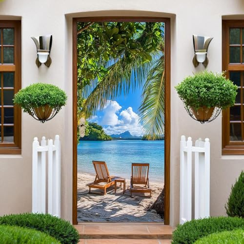 Blau Türtapete Selbstklebend Ocean Beach Chair TürPoster 86x200 cm Fototapete Türfolie Poster Tapete Abnehmbar Wandtapete für Wohnzimmer Küche Schlafzimmer Bad Deko