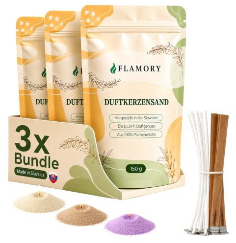 Flamory Kerzensand mit Duft Entspannungsset 3x150g, 9 Dochte, 72h Brennzeit | Düfte im Set: Vanille, Lavendel, Sandelholz. 100% pflanzlicher Duftkerzensand aus der Slowakei, ohne Paraffin, rußarm.