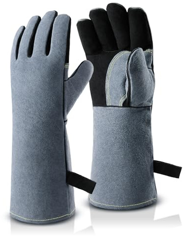 OZERO 16-Inch Heat Resistant Gloves: 932℉ Cowhide Leather Welding Gloves, EN388/EN407/EN12477 Type A Certified, Reinforced Palm, Insulated Lining, Long Cuff for BBQ & Grill & Fireplace, Black-gray
