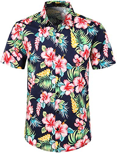 JOGAL Herren Blumen Kurzarm Baumwolle Hawaii Hemd Large NavyHibiskus