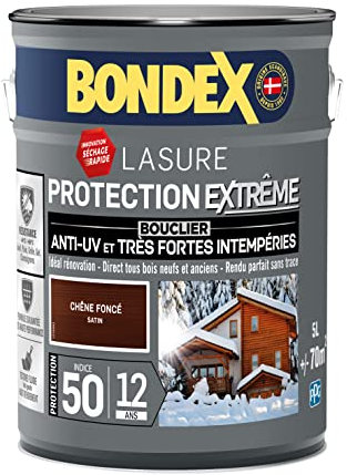 BONDEX - Lasure Bois Protection Extrême - Anti-UV/Humidité - Haute Résistance - Séchage Rapide - 5L - Chêne Foncé