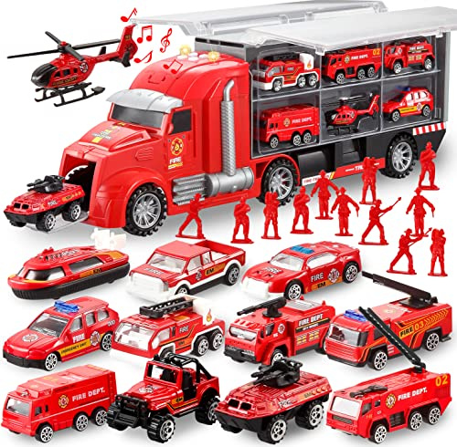 JOYIN Camion dei Pompieri Set di Giocattoli 25 in 1 con Suoni e Luci - Veicoli da Trasporto dei Pompieri - Regalo di Compleanno per Ragazzi dai 3 Anni in su (Camion dei Pompieri)