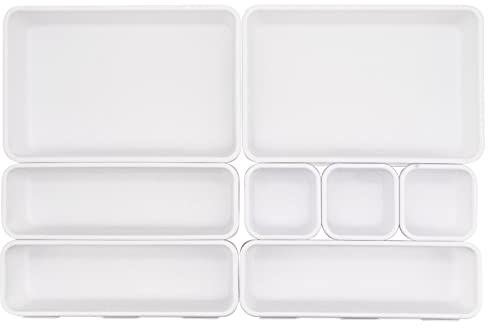 8er-Pack Schreibtisch-Schubladen-Organizer, ineinandergreifende Schubladen-Trennwände mit 3 Größen, vielseitige Aufbewahrungsboxen Schubladen-Organizer für Küche, Büro, Make-up, Badezimmer (Weiß)