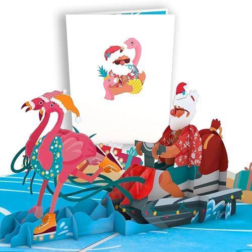 Lovepop® Flamingo 3D Pop-Up Weihnachten Karte Lustige Santa Schlitten Weihnachtskarte | mit Versteckfach für Geldgeschenke & Gutscheine | inkl. Umschlag | Ausziehbare Notiz