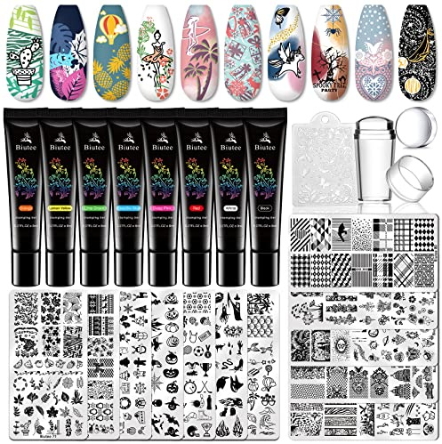 Biutee Plattorna Stämpling Naglar 12st Schabloner för plattor Stämpling Naglar, Nail Stamping Set, 8 Färger 8ml Nail Stamping Gel Polska Plattor med 1 Tampong 1 Skrapa