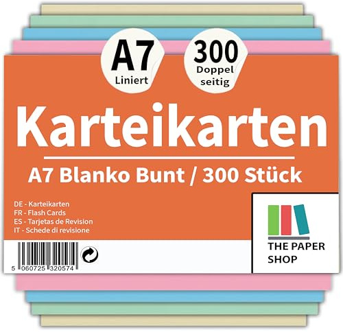 The Paper Shop Karteikarten A7 Blanko Bunt - Lernkarten 155 g/m² (300 Stück) | Lernkarten & Vokabelkarten für Schule Studium Prüfung | Index Cards Flashcards 127 x 76 mm 5x3-300 Stück