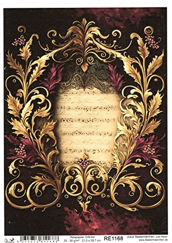Josys Bastelmärchen Reispapier A4 Strohseide Decoupage Motiv Musik Notenblatt rot Gold RE1168