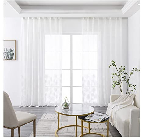 Übergardinen mit Ösen, Gardinen Wohnzimmer Lang 2er Set Polyester Transparente Palmblätter Wohnzimmer Deko 132x138cm Weiss