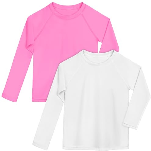 Poroka 2 Pack Girls and Toddlers' UPF 50+ Long-Sleeve Rashguard Swim Shirt Lightweight Sports Athletic Tee Outdoor White, Pink