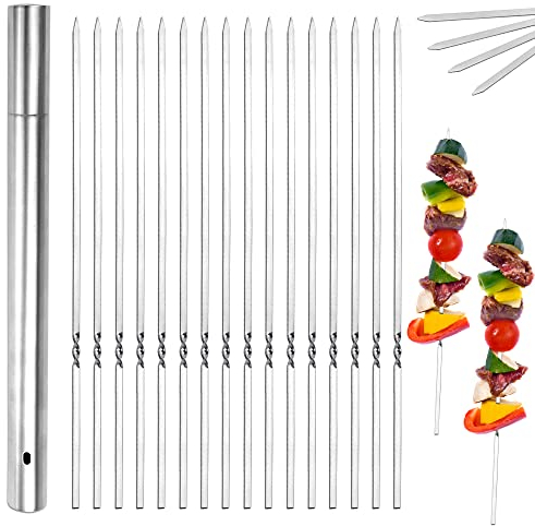 LANSKYLAN 24 Stück Grillspieße Edelstahl Schaschlikspieße Grill 33cm Lang Kebab Spieße BBQ Fleischspieße Grillspieß Metall mit Aufbewahrungsrohr Kabob Schaschlik Spieße für Fleisch Gemüße Schaschlik
