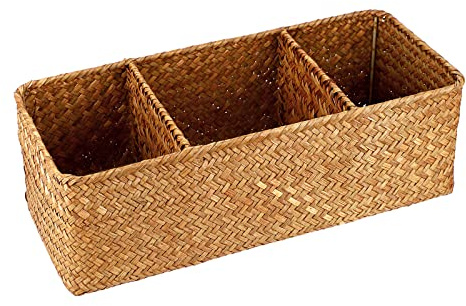 OLegei Panier de rangement en osier panier d’étagère corbeille tressé boîte de rangement avec 3 compartiments organisateur de table pour comptoir, bureau, étagère (caramel)