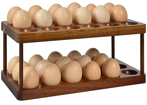 WantsMart Wooden Double Layer Egg Holder - Farmhouse Kitchen Acacia Egg Tray Organizer - 2 Tier Fresh Egg Storage Rack Basket for Countertop, 36 Capacity (JDJ-2xsm-uk)