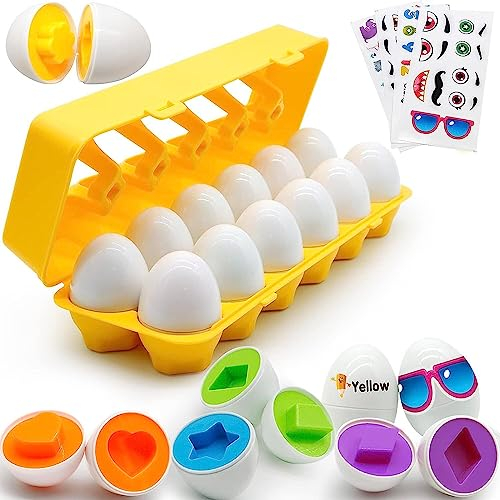 MOONTOY Matching Eggs for Toddlers 1 2 3 Years Old Boys Girls, 12PCS Color & Shape Sorter Fine Motor Skills Montessori Toy 6-12 Months Early Learning Educational Toy Gift for Boy Girl Kid Toddler