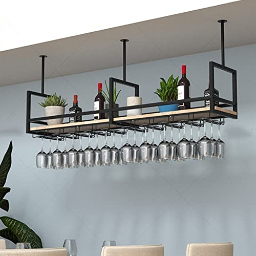 Portabicchieri da vino sospeso - Portabottiglie da soffitto, portaoggetti in legno massello montato a parete/scaffale decorativo/mensola a muro, portabicchieri in ferro battuto fai-da-te/esp
