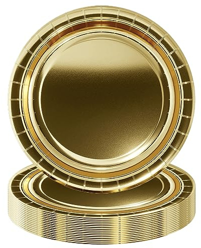 POPOYU 16 Stück Gold Pappteller,23CM Rund Teller Einwegteller Gold Einmalteller Einweg Geschirr,9inch Partyteller Einmalgeschirr Tisch Dekorationen Partygeschirr für Hochzeit Garten Geburtstag Party
