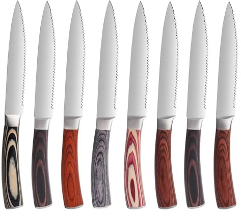 LUVCOSY 8-teiliges Steakmesser-Set mit Wellenschliff, Edelstahl-Steakmesser-Set mit Pakkawood-Griff, feine Kante mit Geschenkbox, 1 Paar Besteckset