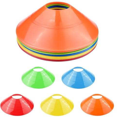 Fousenuk 20 Stück Fussball Hütchen Set, Runde Markierungshütchen Mit Ständer, Sport Hütchen, Markierungsscheiben, Fußball Hütchen für Hockey, Eislaufen, Handball, Koordinationstraining (5 Farben)
