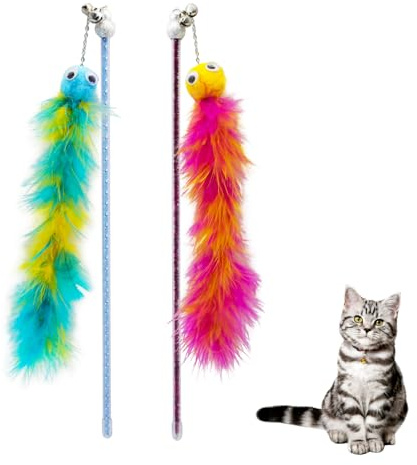 Andiker Katze Feder Spielzeug, 2PCS Katze Wand Spielzeug mit Bell&Plüsch Bälle, 12in interaktives Kätzchen Teaser Spielzeug, Interaktive Katze Spielzeug für Katze Indoor Spieltraining (Rot+Grün)