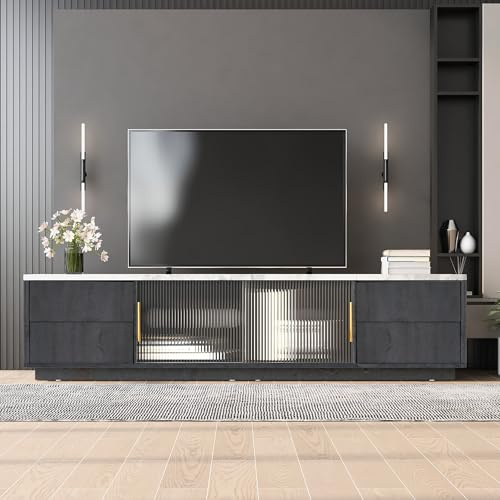 Rtopsu TV-Schrank, Fernsehtisch Lowboard für Fernseher bis zu 70 Zoll, TV-Regal mit 2 Türen und 4 Stauraum Schubladen für Wohnzimmer Esszimmer und Schlafzimmer, 160x40x44.5 cm, Grau