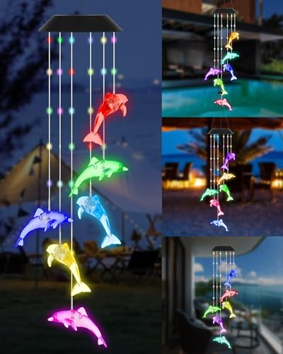 DOUBLEZHE Carillon éolien solaire pour extérieur, carillon éolien en forme de dauphin à changement de couleur pour l'extérieur, cadeau pour maman, fête des mères, grand-mère, décoration de jardin
