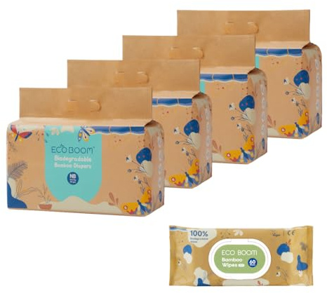 ECOBOOM JOY- Pañal Ecológico de BAMBÚ. 70% Biodegradable, Hipoalergénico (TALLA 1/XS, < 4,5KG, PACK 4 BOLSAS - 136 pañales)