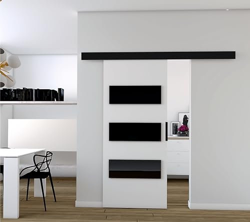 MINIO go for it - Schiebetüren 76 cm, Schiebetür Zimmertür PRIM E, Schiebetürsystem für Zimmer, Dekorative Elemente, Wandmontage, Türe Innen - Schwarz/Schwarzer Griff, Weiss/Schwarz
