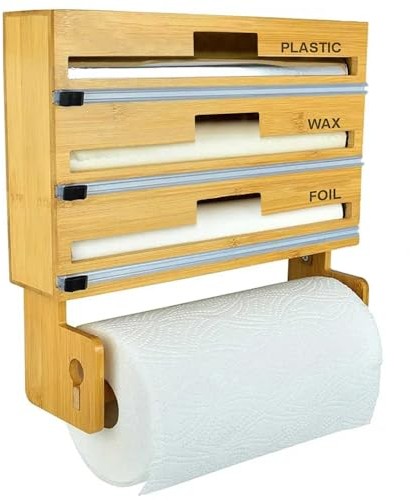 ITETONE 4 in 1 Bamboo Wrap Dispenser with Cutter & Paper Towel Holder,Cling Film and Foil Dispenser,Wax Parchment Plastic and Tin Foil Organizer for Drawer Countertop & Wall