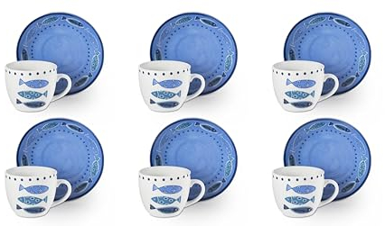 Excelsa Ocean Set 6 Tazzine Caffè Espresso, Porcellana, Capacità 70 ml, Multicolore