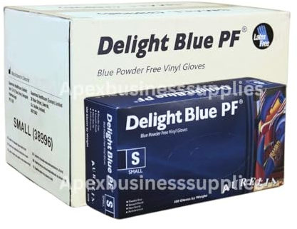 Apex Business Supplies Small 1000 Vinyl Blue Gloves Delight PF Disposable Gloves | Powder Free and Non-Sterile Multipurpose Strong Disposable Gloves | Medical & Food Grade Gloves 10 Boxes