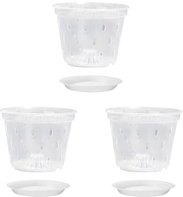 JIHUOO 3 macetas de plástico transparentes para orquídeas, macetas de vivero, macetas transpirables con agujeros de drenaje y platillos de 12 cm