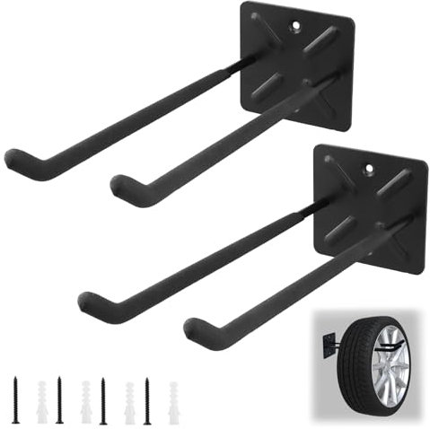 QWORK® 2 Piezas Ganchos Pared, Ganchos para Garaje, Gancho para Colgar Bicicleta, Ganchos Resistentes con Revestimiento Antideslizante, para Herramientas, Neumáticos, Escaleras