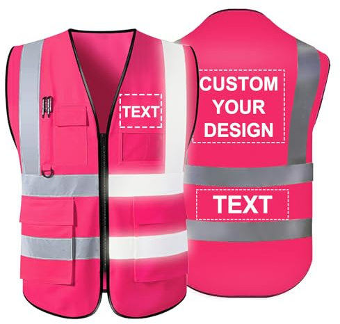 YouBaiVS Gilet de Sécurité Personnalisable pour Hommes Haute Visibilité Réfléchissant 5 Poches avec Logo Fermeture à Glissière S-5XL pour Vêtements de Travail de Protection Extérieure Rose