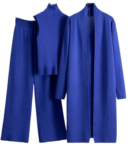 3 pezzi da donna in maglia lounge abiti lunghi cardigan senza maniche dolcevita canotta e pantaloni a gamba larga elegante ufficio lavoro coordinato set per le signore, Blu, Taglia unica
