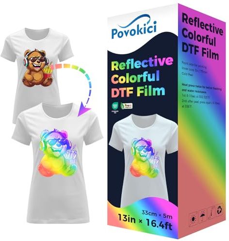 POVOKICI DTF Reflektierende bunte Folienrolle, 33 cm x 5 m, DTF-Transferfolie, Kaltabziehfolie für DTF-Druck auf T-Shirts