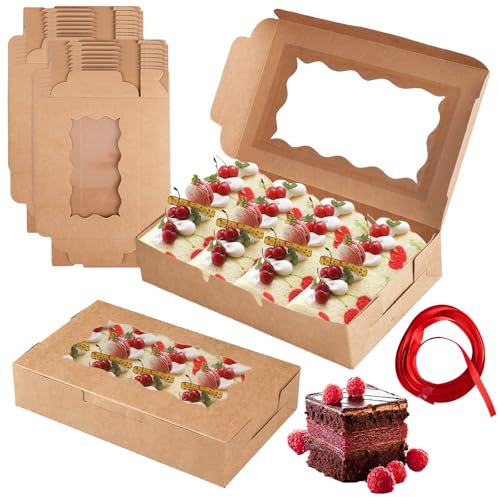 Velicber Boîte Papier Kraft Marron 20 Pièces avec Fenêtre Transparente Carton Pâtisserie pour Cookies, Cupcakes, Cadeaux, Bonbons - 17.8 x 11 x 3.8 cm, Ruban Rouge