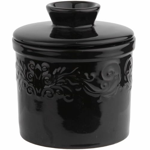 Beurrier à motif gaufré avec couvercle, beurrier français pour décoration de comptoir, beurre avec ligne d'eau pour beurre frais à tartiner, noir, 10,2 x 11,4 cm, 141,7 g