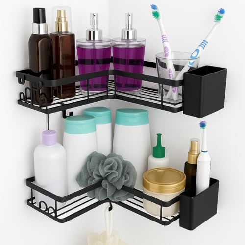 LORDSCHAFT Duschablage ohne Bohren – 2er Set Eckregal – Selbstklebend mit 4 Haken & Zahnpasta-Halter – Rostfrei & stark haftend - Schwarz aus Edelstahl - Shampoo Halterung für Dusche - Badezimmer