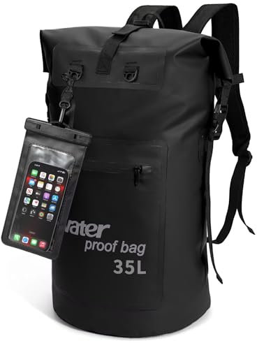 WELDUN Waterproof Backpack 35L/50L Dry Bag Rucksack, Rolltop Bag with IPX8 Phone Case, for Boating, Kayaking, Hiking, Camping, Fishing, Rafting, 35L Black