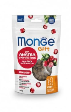 Monge Snack Gatto Sterilised Gift Urinary Support,snack per gatti adulti di tutte le taglie,gusto ANATRA e MIRTILLI ROSSI,senza cereali,favorisce il sostegno immunitario | 3 bustine da 60 g