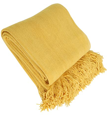 Cabilock Nordic Style Strickdecke Mit Fransen Stilvolle Einfarbige Sofa Decke Für Wohnzimmer Hotel Ingwer Gelb