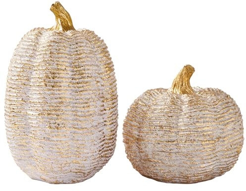 DN DECONATION Herbst Kürbis Tischdekoration Weiße Kürbisse mit Goldakzenten | 2er Set aus Kunstharz – Gold Rattan Herbstdeko Kürbis für Thanksgiving Halloween Erntefest Innen