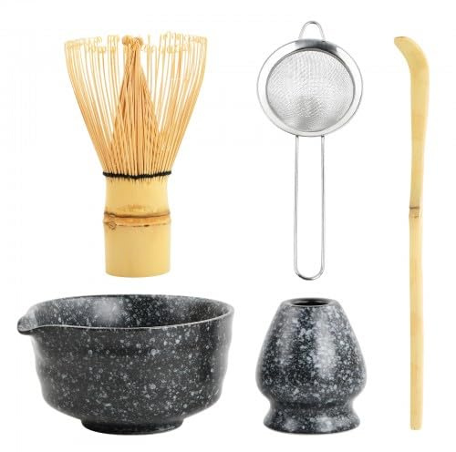 5 Pzs Matcha Set Te Matcha Kit Juego Completo de Ceremonia Matcha Japonés con Batidor Bambu Té Matcha Porta Batidor Cuenco de Matcha de Cerámica Cuchara de Té para Matcha Tradicional (Negro)