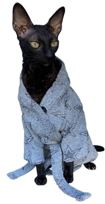 Kotomoda Katzenbademantel mit grauen Sternen für Sphynx und nackte Katzen, Größe M, Grau