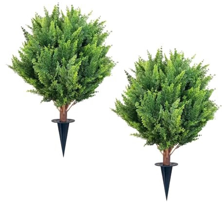 jojomis Confezione da 2 piante artificiali di cipresso finte, decorazione da giardino per esterni, con paletto, per balcone, cortile, patio, 68,6 x 45,7 cm