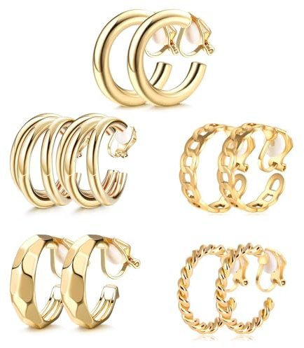5 Paare Gold Clip Ohrringe,Ohrringe Ohne Ohrloch,Ohrclips Damen Ohne Ohrlöcher,Ohrclips Gold,Clip on Earrings Women,Hypoallergen Modeschmuck Geschenk Ohrlöcher Klips Set für Mädchen Geschenk