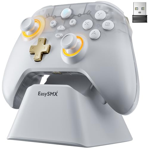 EasySMX D05 Mando PC Inalambrico con Base de Carga - RGB Luz - Hall Joystick - Hall Trigger, Gamepad con 1000 mAh Batería Recargable- Vibración - Turbo- para PC/Switch/Móvil - Blanco