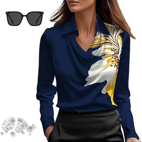 Generisch 2025 Camiseta de Manga Larga Elegante para Mujer con Cuello en V, de un Solo Color, con Drapado en la Parte Delantera, de Seda Satinada, para Trabajo y Oficina, M