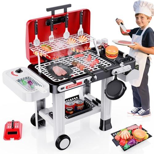 Kids Play Kitchen Toys, Kids BBQ Grill Playset with Smoke Sound Light, 2-Layer Toy Grill with Wheels, Outdoor Playset Food Toys Cooking Set for Toddlers, Birthday for Boys Girls
